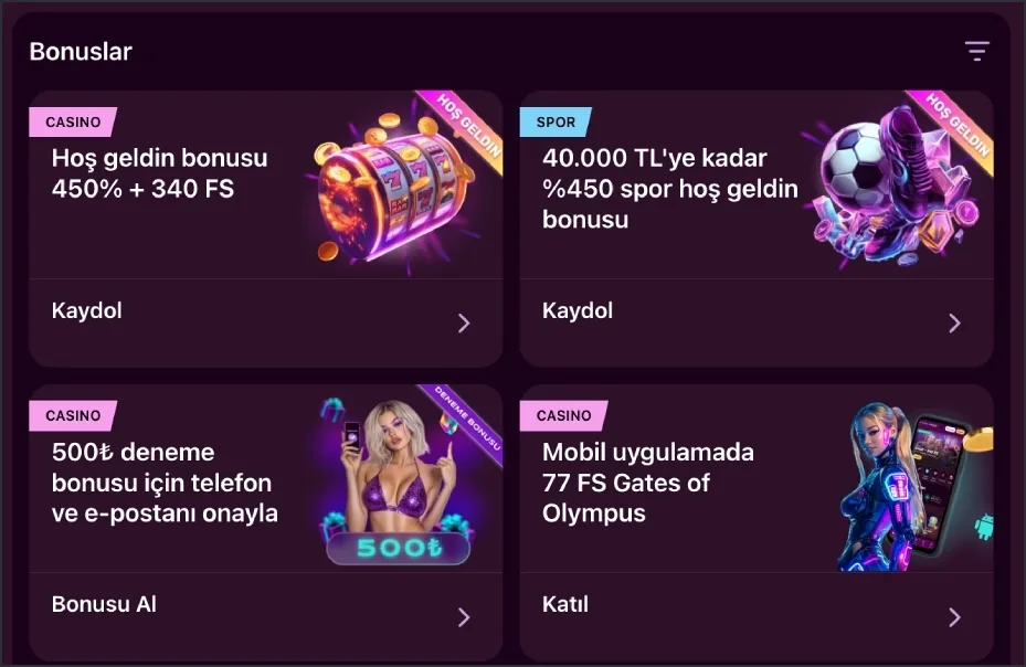 Bonuses tab with CASINO and SPOR labelled welcome cards