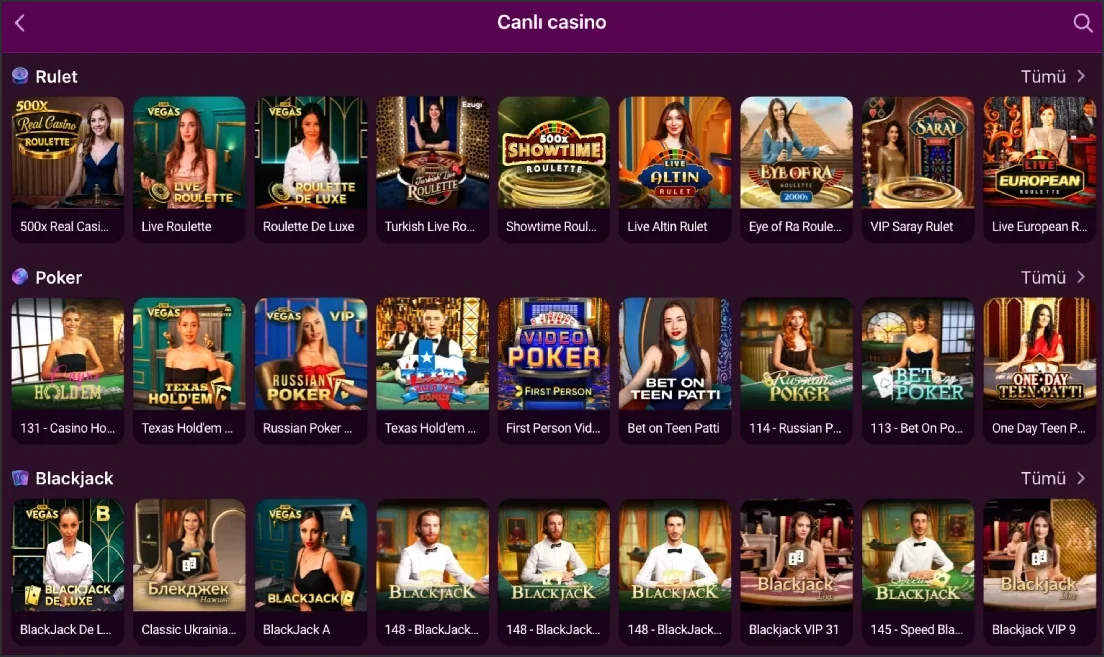 Live Casino tab with roulette, poker and blackjack table images