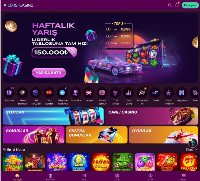 Luks Gazino lobby screen with a weekly race banner on top and category shortcuts below