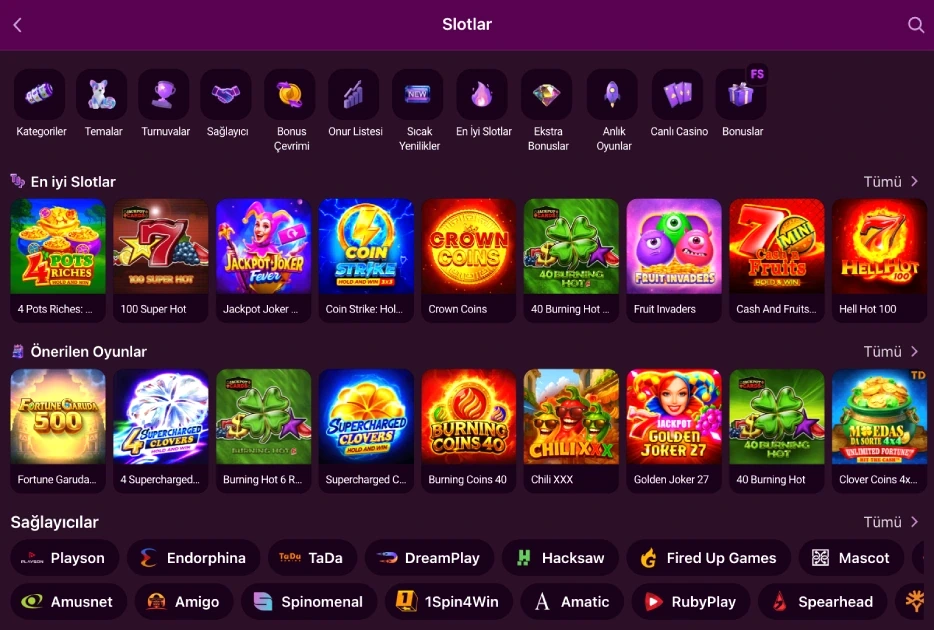 Slots tab with featured game rows and provider logos